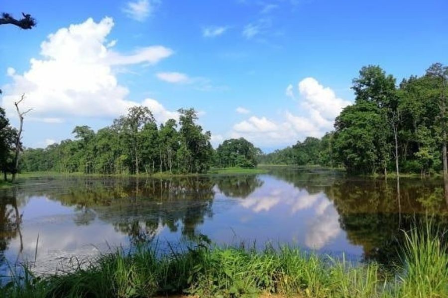 Bishazari tal (Lake) reflecting clouds and sky, surrounded by lush green forest